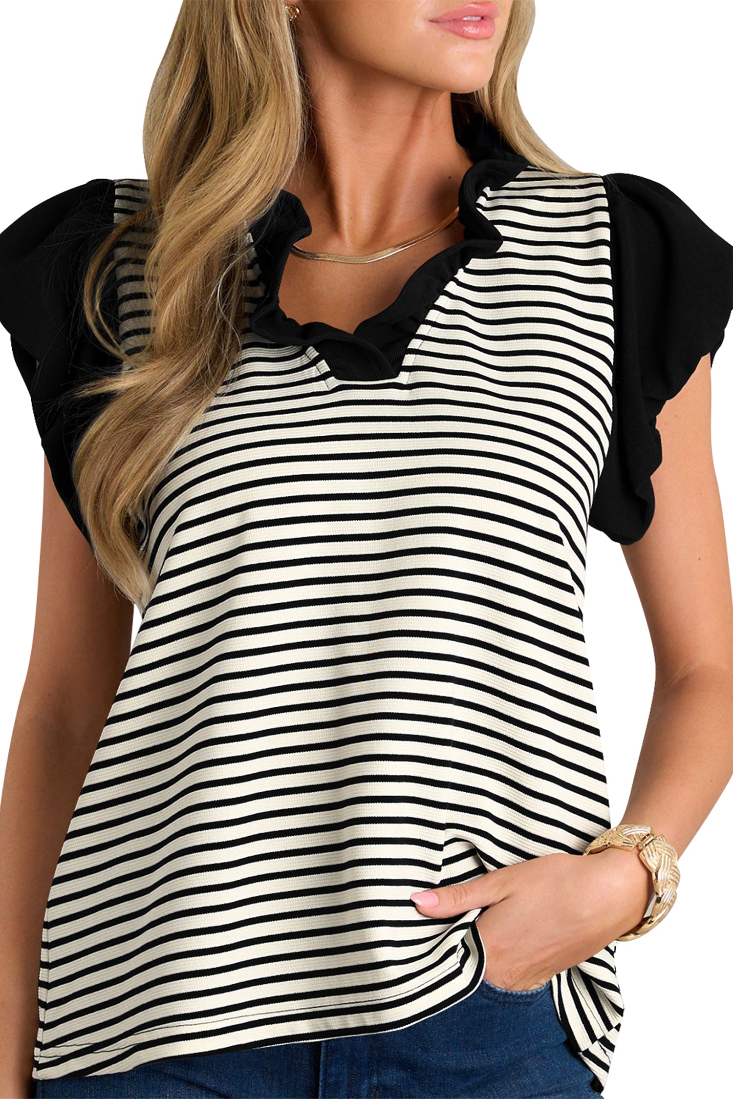 Cakulo Women's Summer Ruffle Cap Sleeve Striped V-Neck Loose Top